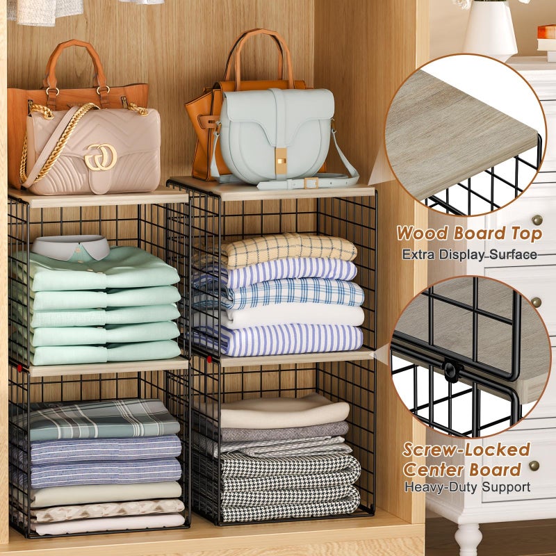 Hencawima 4-Tier Stackable Closet Organizers and Storage, Dual-Layer Reinforced Clothing Cube Shelves with Wood Tops, Sturdy Clothes Storage Bins & Shelf Basket for Wardrobe, Closet Organizer System - Image 4