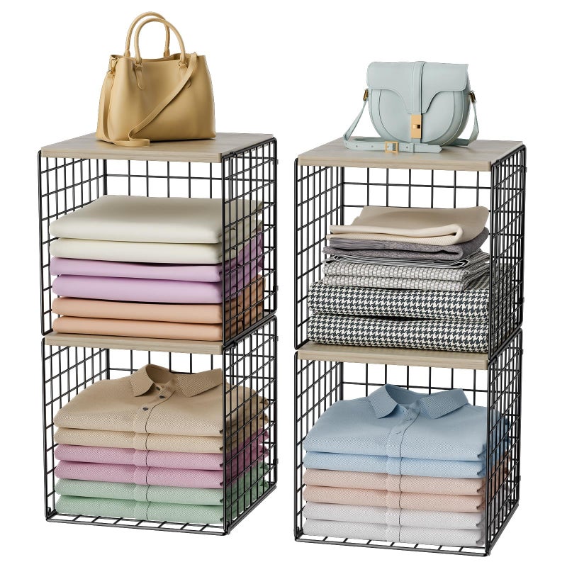 Hencawima 4-Tier Stackable Closet Organizers and Storage, Dual-Layer Reinforced Clothing Cube Shelves with Wood Tops, Sturdy Clothes Storage Bins & Shelf Basket for Wardrobe, Closet Organizer System - Image 1