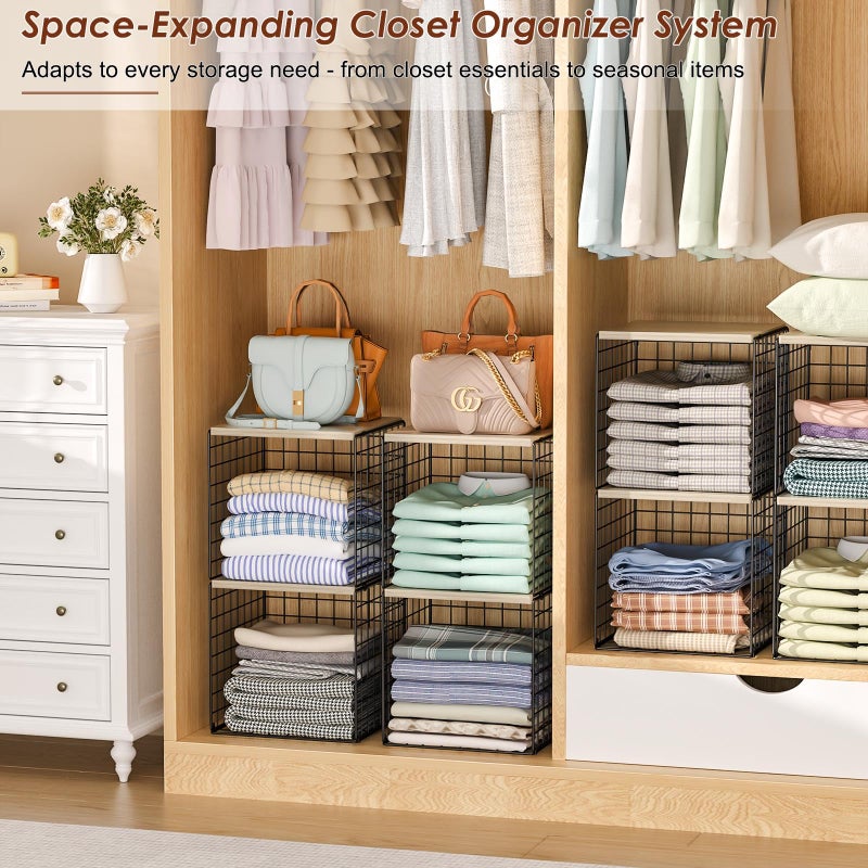 Hencawima 4-Tier Stackable Closet Organizers and Storage, Dual-Layer Reinforced Clothing Cube Shelves with Wood Tops, Sturdy Clothes Storage Bins & Shelf Basket for Wardrobe, Closet Organizer System - Image 2