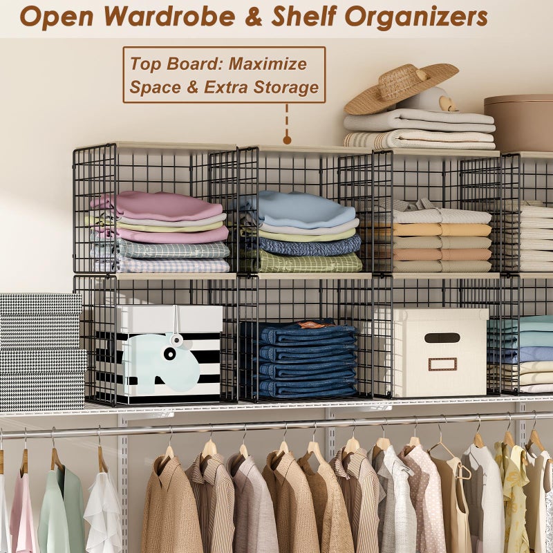 Hencawima 4-Tier Stackable Closet Organizers and Storage, Dual-Layer Reinforced Clothing Cube Shelves with Wood Tops, Sturdy Clothes Storage Bins & Shelf Basket for Wardrobe, Closet Organizer System - Image 5