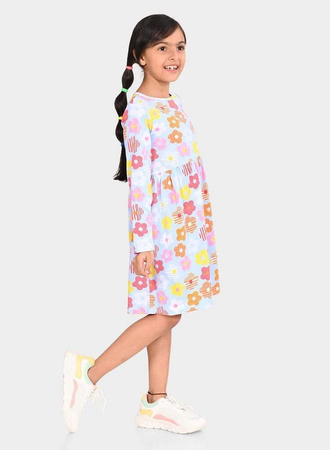 Bonkids Girl's Blue & Multicolour 100% Cotton Printed Regular Fit Dress