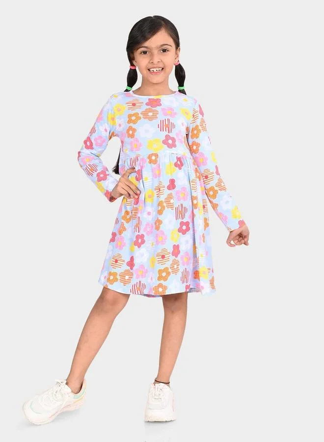 Bonkids Girl's Blue & Multicolour 100% Cotton Printed Regular Fit Dress