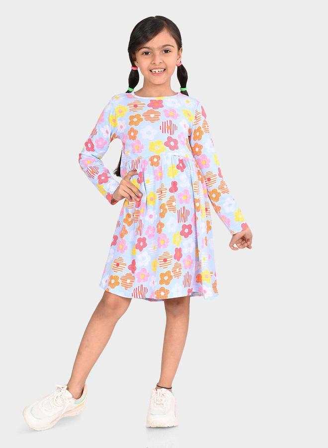 Bonkids Girl's Blue & Multicolour 100% Cotton Printed Regular Fit Dress - Image 1