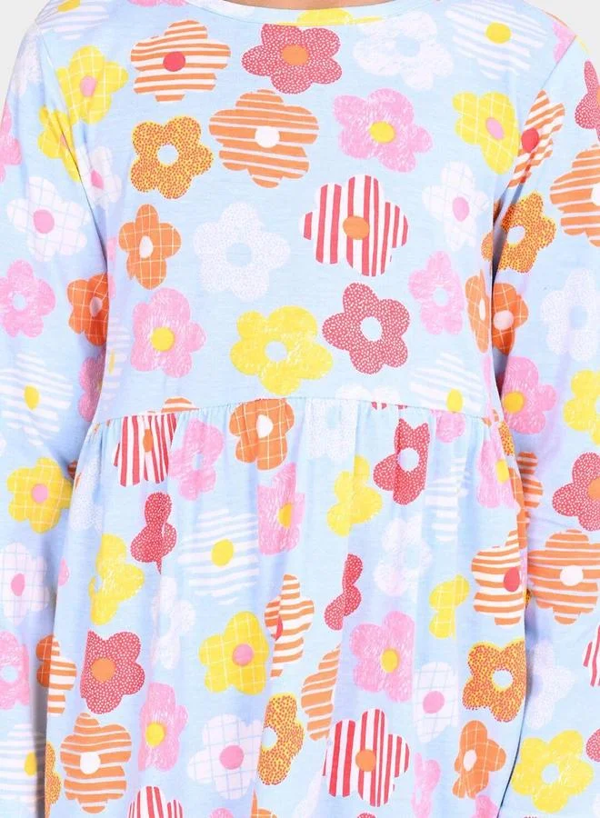 Bonkids Girl's Blue & Multicolour 100% Cotton Printed Regular Fit Dress