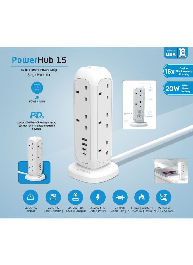 IQ TOUCH IQ TOUCH 15-in-1 Power Strip Tower with 11 AC Outlets, 2 USB-A, & USB-C Ports, Surge Protector Outlet, 20W PD Fast Charging, Power Switch Button, 2M Extension Cord Suitable for Home & Office, White  - Image 3
