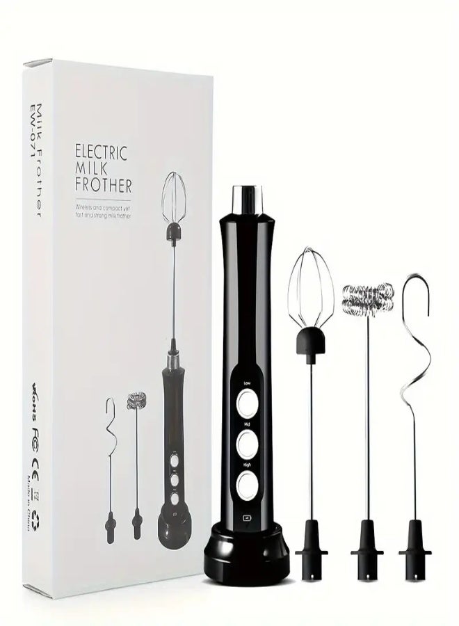 AROAQ Rechargeable 3-in-1 Electric Milk Frother, Foam Maker, Egg Whisk, and Blender - Portable Cappuccino and Coffee Mixer for Kitchen Supplies, USB Charging with 1200mAh Lithium Battery, Kitchen Essentials | Modern Kitchen Accessory | Durable Kitchen Tool, Milk Frother Black - Image 1