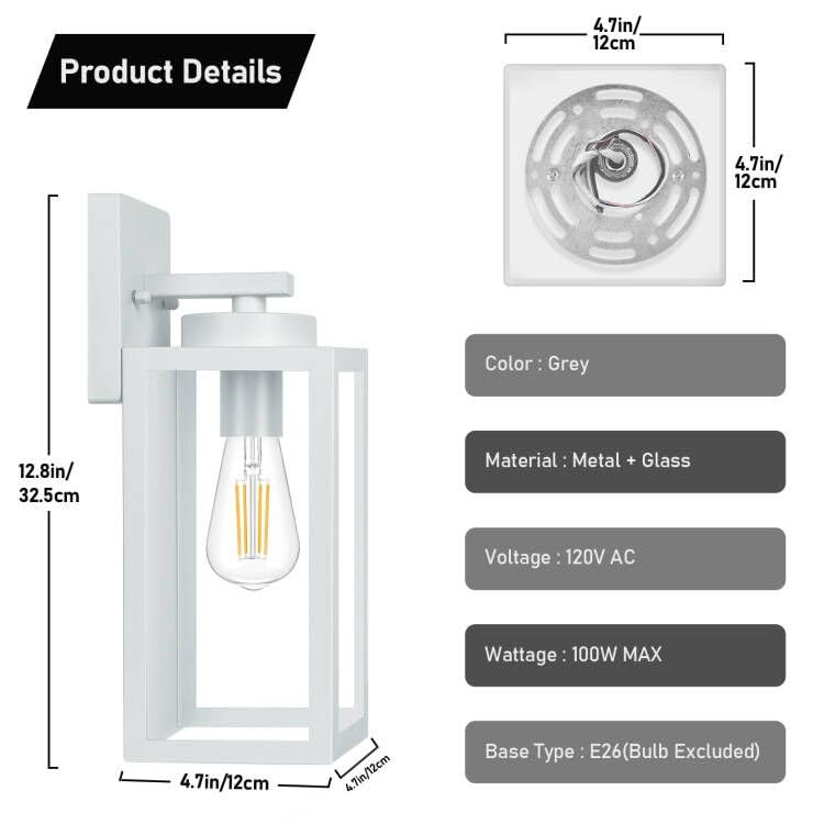 BesLowe 2-Pack Outdoor Wall Light Fixtures, Exterior Waterproof Wall Lanterns, Porch Sconces Wall Mounted Lighting with E26 Sockets & Glass Shades, Modern Wall Lamps for Front Door, Grey - Image 5