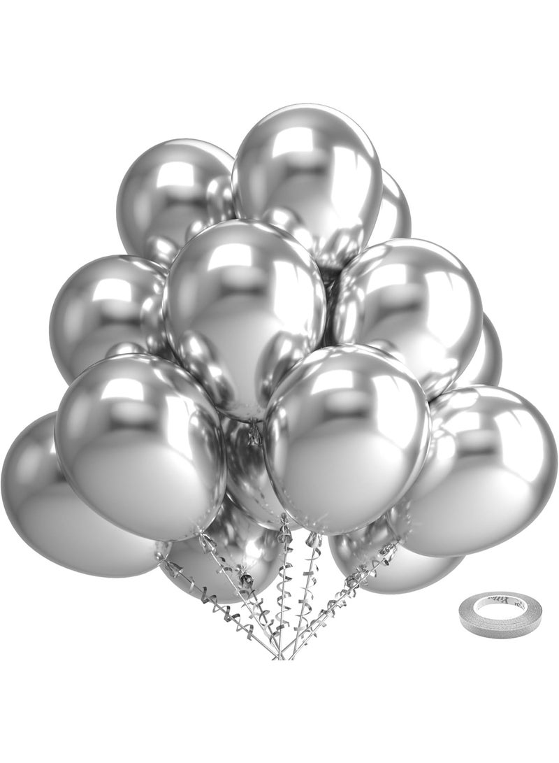 Silver Metallic Chrome Latex Balloons, 100 Pack 12 Inch Silver Round Helium Balloons for Wedding, Graduation, Anniversary, Baby Shower, Birthday Party Decorations - Image 1