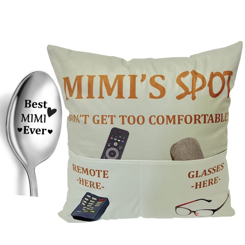CYMROK Mimi Gifts 2-Pocket 2-Sided MimiS SPOT Throw Pillow Covers 18x18 Inch + Mimi Ever Engraved Spoon  Birthday Stocking Stuffers Gifts for Grandma Mom Nana Mimi Grandmother - Image 1