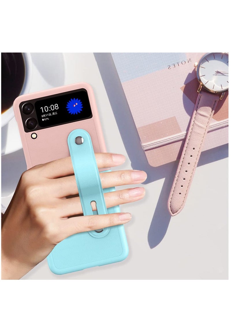 KASTWAVE Mobile Phone Protective Case, KASTWAVE for Z Flip 3 5G 2021 with Hand Strap Cover PU Leather Compatible with Fit for Samsung Galaxy Z Flip 3 5G Case Wristband Plastic PC (Pink Blue) - Image 3