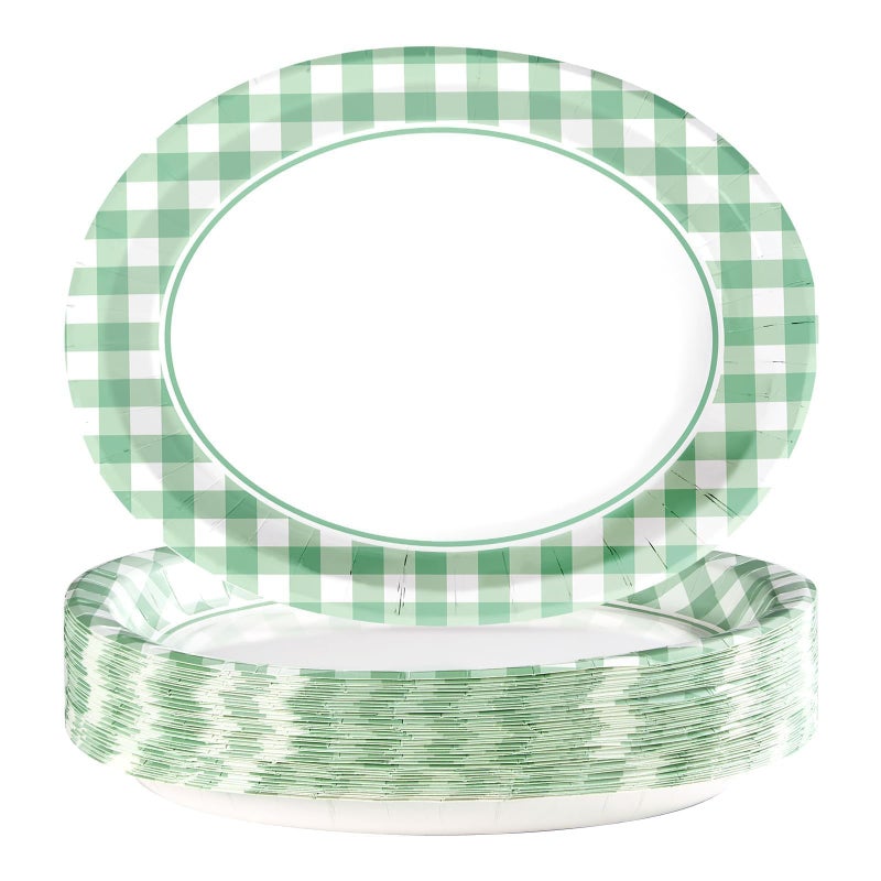 Grencian 50 Pcs Gingham Party Supplies 10""x12"" Large Sage Green Gingham Oval Plates Disposable Heavy Duty Green and White Checkered Plaid Paper Plates for Picnic BBQ Birthday Wedding Bride Baby Shower - Image 1