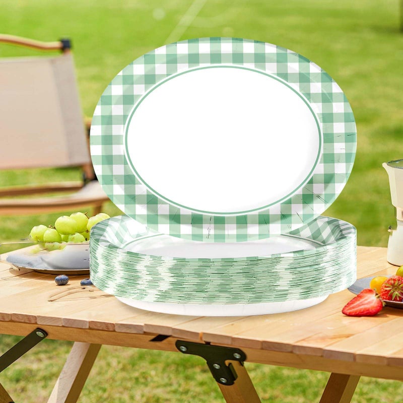 Grencian 50 Pcs Gingham Party Supplies 10""x12"" Large Sage Green Gingham Oval Plates Disposable Heavy Duty Green and White Checkered Plaid Paper Plates for Picnic BBQ Birthday Wedding Bride Baby Shower - Image 4