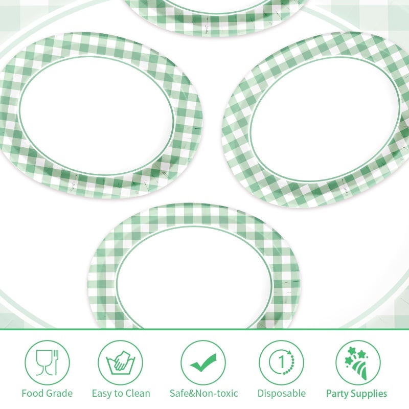 Grencian 50 Pcs Gingham Party Supplies 10""x12"" Large Sage Green Gingham Oval Plates Disposable Heavy Duty Green and White Checkered Plaid Paper Plates for Picnic BBQ Birthday Wedding Bride Baby Shower - Image 3