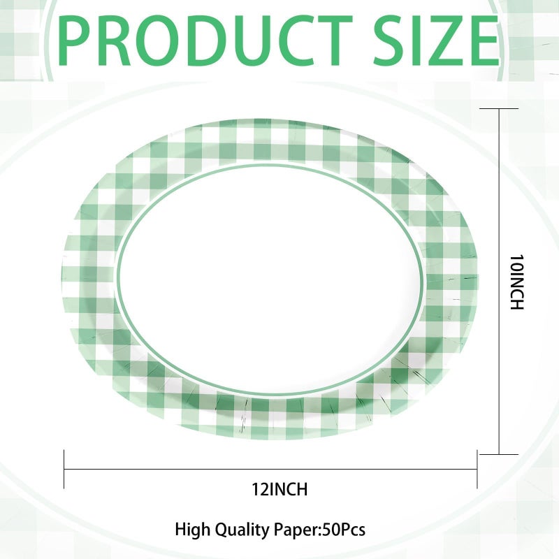 Grencian 50 Pcs Gingham Party Supplies 10""x12"" Large Sage Green Gingham Oval Plates Disposable Heavy Duty Green and White Checkered Plaid Paper Plates for Picnic BBQ Birthday Wedding Bride Baby Shower - Image 2