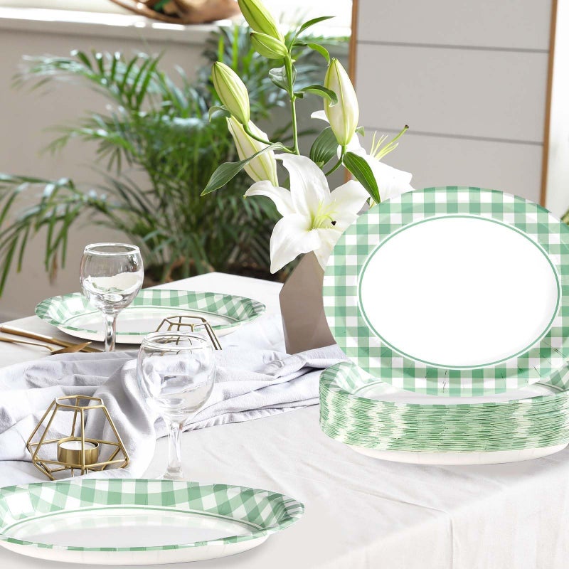 Grencian 50 Pcs Gingham Party Supplies 10""x12"" Large Sage Green Gingham Oval Plates Disposable Heavy Duty Green and White Checkered Plaid Paper Plates for Picnic BBQ Birthday Wedding Bride Baby Shower - Image 5