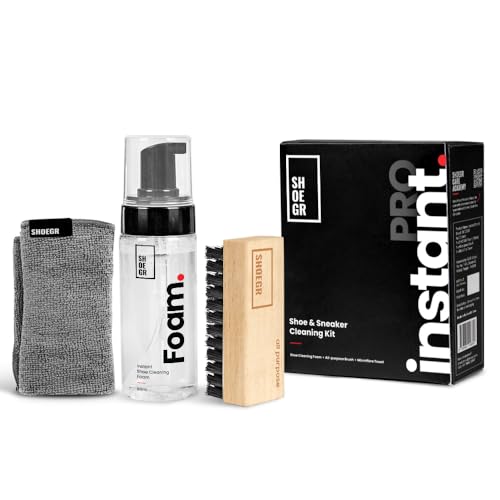 SHOEGR Instant Pro Sports Shoe Cleaning Kit | 150ml Shoe Cleaning Foam Spray, Microfiber Towel & All-Purpose Brush | Suitable for White Shoes | For Nubuck, Canvas, Knit, Mesh & Trainers - Image 1