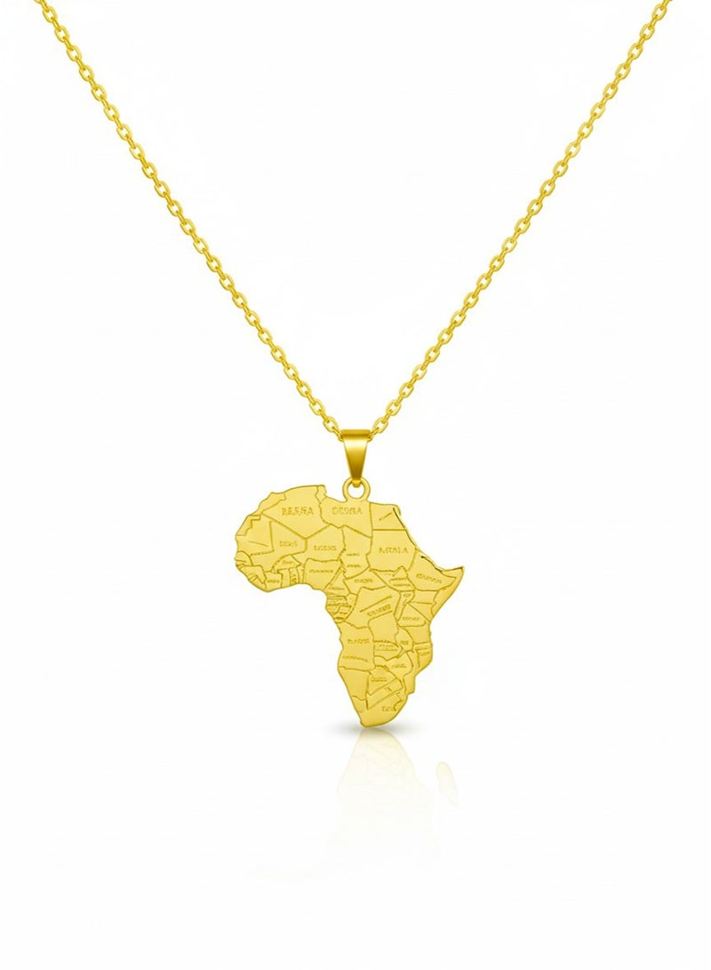 جوليا ستور قلادة أنيقة وعصرية مطلية بالذهب عيار 18 قيراطًا، مصنوعة من الفولاذ المقاوم للصدأ، بتصميم بسيط وفاخر، تحمل صورة قارة أفريقيا الكبيرة مع خرائط الدول. هدية مثالية للرجال والنساء. - Image 1