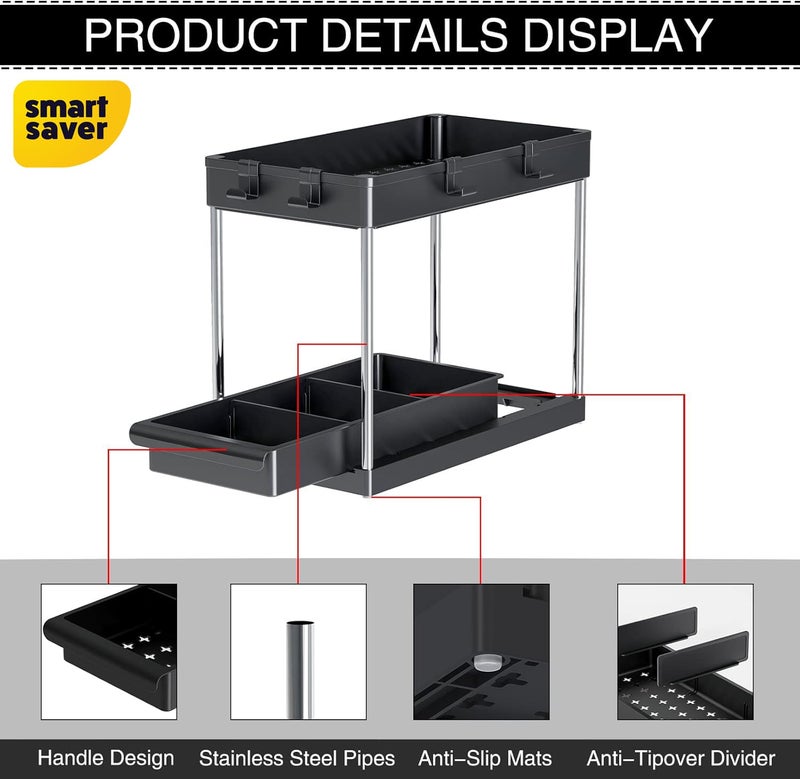 Smart Saver منظم ومخزن ذكي تحت الحوض مع أرفف قابلة للسحب من 2 طبقة خزانة متعددة الاستخدامات لتنظيم الحمام ورف المطبخ لمستلزمات التنظيف مع أكواب وخطافات باللون الأسود - Image 2