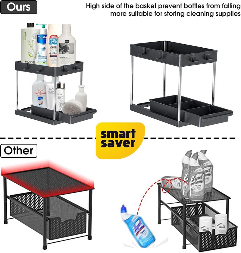 Smart Saver منظم ومخزن ذكي تحت الحوض مع أرفف قابلة للسحب من 2 طبقة خزانة متعددة الاستخدامات لتنظيم الحمام ورف المطبخ لمستلزمات التنظيف مع أكواب وخطافات باللون الأسود - Image 3