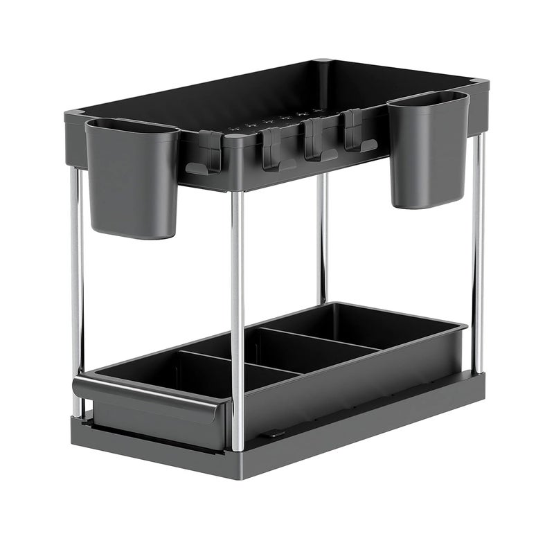 Smart Saver منظم ومخزن ذكي تحت الحوض مع أرفف قابلة للسحب من 2 طبقة خزانة متعددة الاستخدامات لتنظيم الحمام ورف المطبخ لمستلزمات التنظيف مع أكواب وخطافات باللون الأسود - Image 1