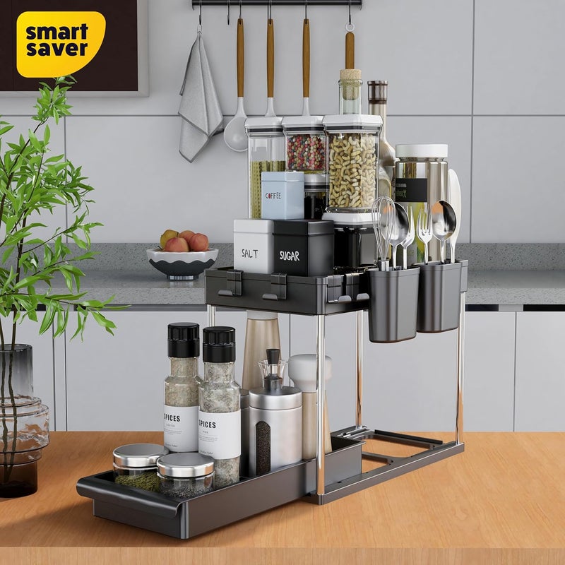 Smart Saver منظم ومخزن ذكي تحت الحوض مع أرفف قابلة للسحب من 2 طبقة خزانة متعددة الاستخدامات لتنظيم الحمام ورف المطبخ لمستلزمات التنظيف مع أكواب وخطافات باللون الأسود - Image 5