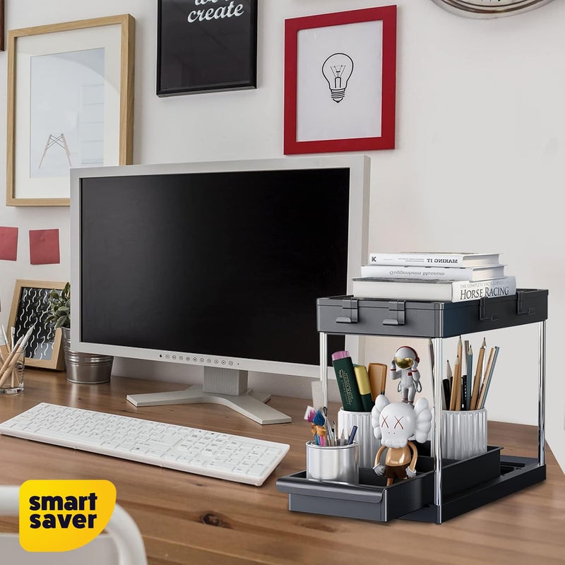 Smart Saver منظم ومخزن ذكي تحت الحوض مع أرفف قابلة للسحب من 2 طبقة خزانة متعددة الاستخدامات لتنظيم الحمام ورف المطبخ لمستلزمات التنظيف مع أكواب وخطافات باللون الأسود - Image 4