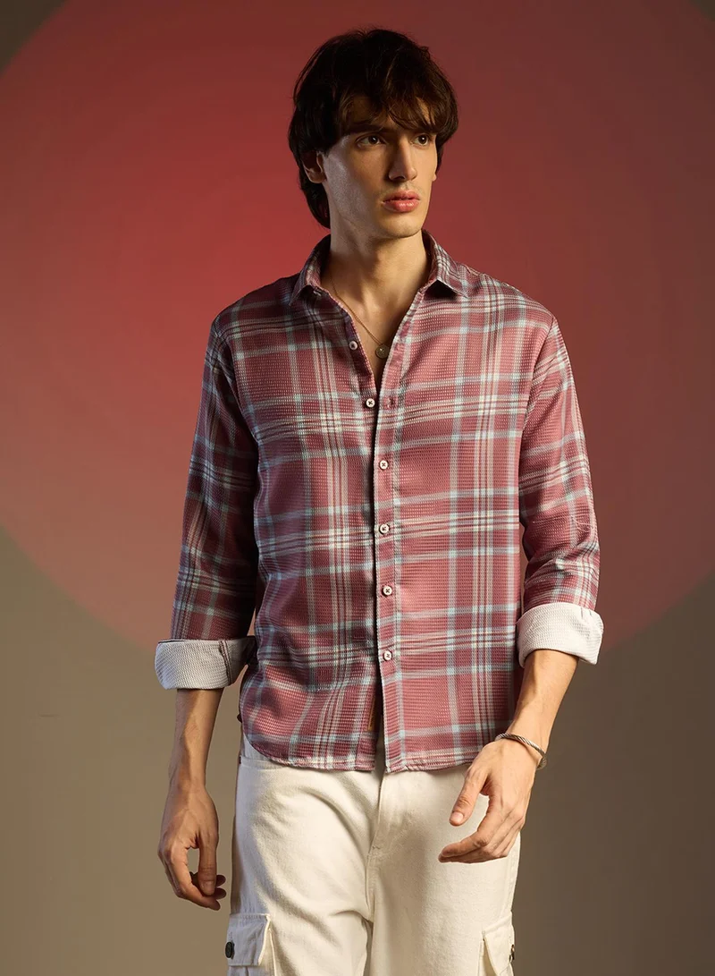 Campus Sutra Men's Brick Brown Tartan Plaid Shirt