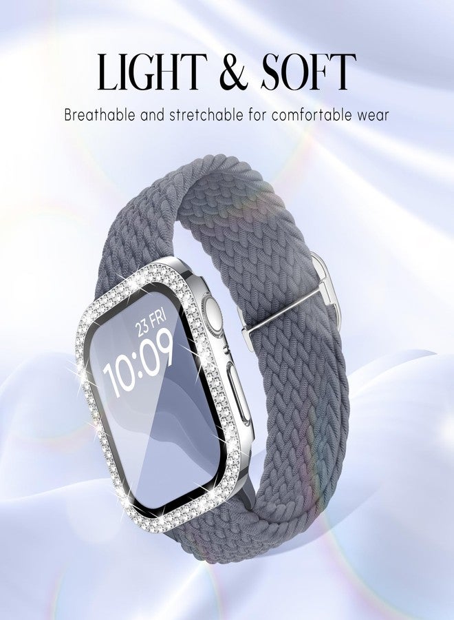Knossen Braided Stretchy Band Compatible for Apple Watch Bands for Women and Case 40mm 41mm 42mm 44mm 45mm 46mm, Solace Solo Loop Bling Diamond Screen Protector Cover for iWatch Series 11 10 9 8 7 SE 6 5 4 - Image 2