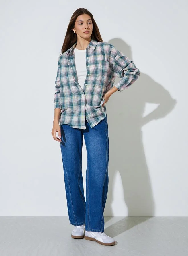 Styli Green Checkered Longline Casual Shirt