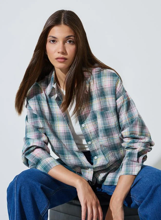 Styli Green Checkered Longline Casual Shirt