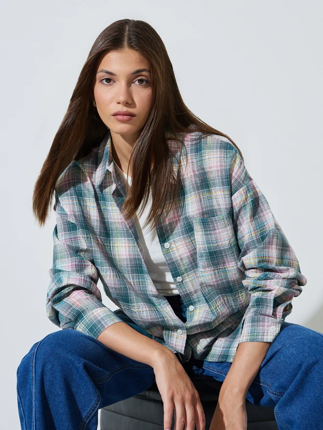 Styli Styli Green Checkered Longline Casual Shirt