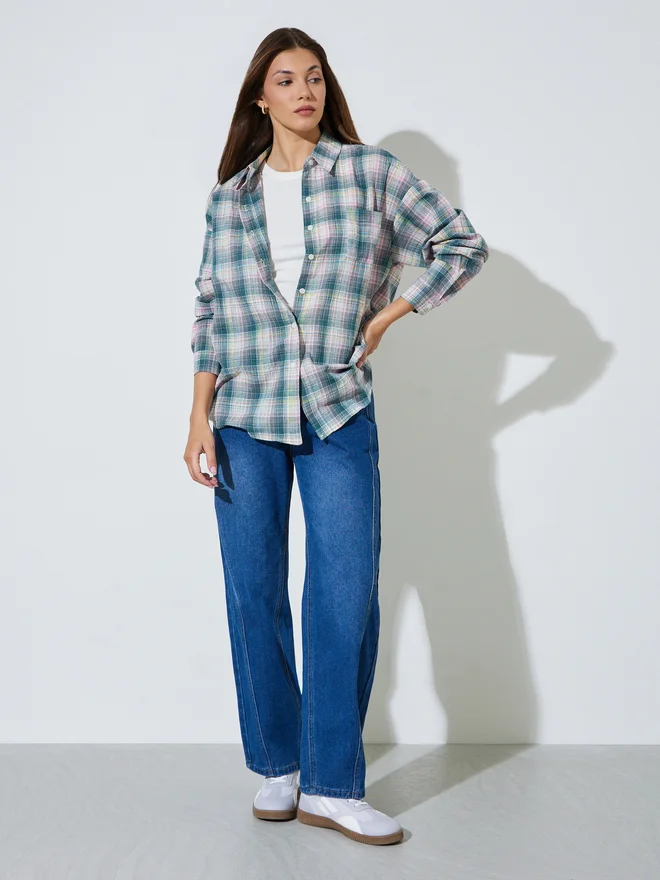 Styli Styli Green Checkered Longline Casual Shirt
