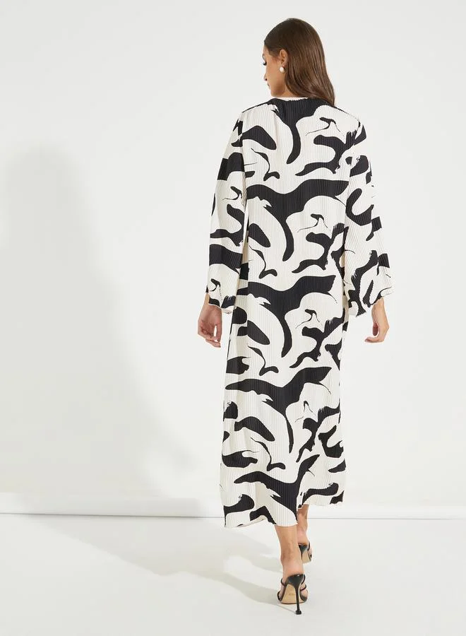 Styli All Over Abstract Plisse Long Sleeves Maxi Dress