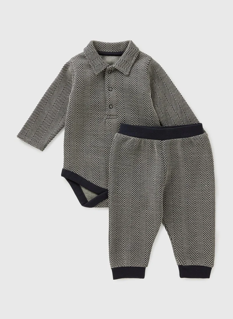 Matalan Baby Grey Herringbone Polo & Jogging Bottom Set