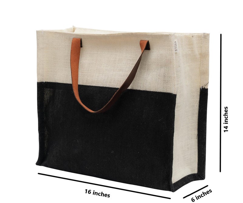 JUTEKA Stylish, Black,Durable, Multipurpose Hand Bag for Lunch, Shopping, Eco Friendly Jute Bag with Leather Handles…… - Image 5