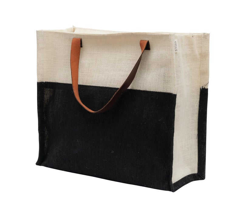 JUTEKA Stylish, Black,Durable, Multipurpose Hand Bag for Lunch, Shopping, Eco Friendly Jute Bag with Leather Handles…… - Image 1