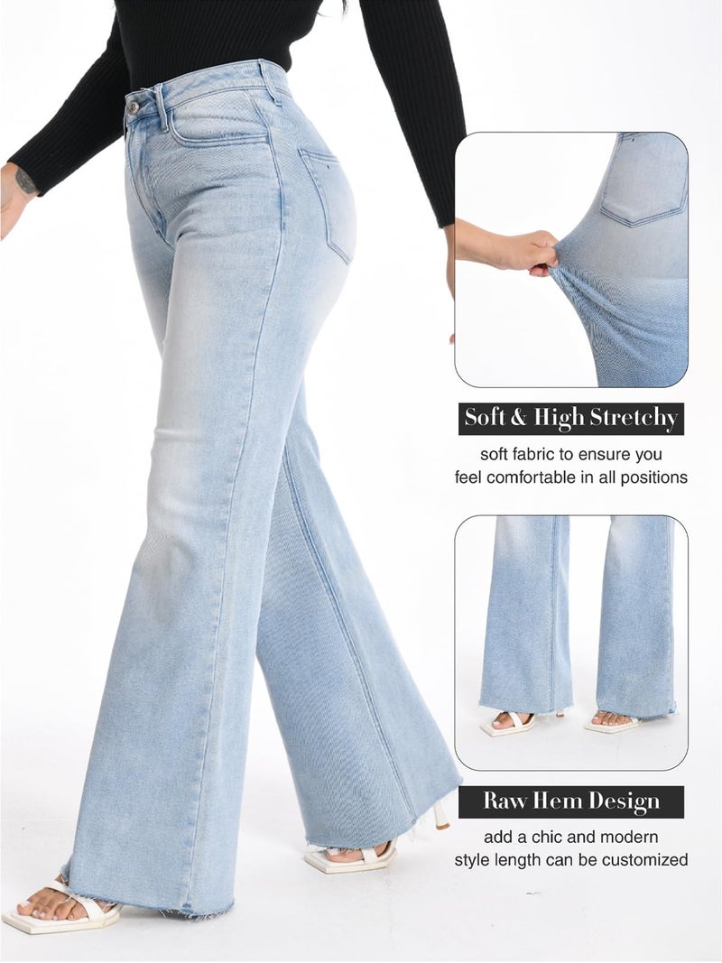 ONESO Women's High Waisted Wide Leg Jeans Stretchy Flare Jeans for Women Baggy Mom Denim Pants Casual Raw Hem - Image 4