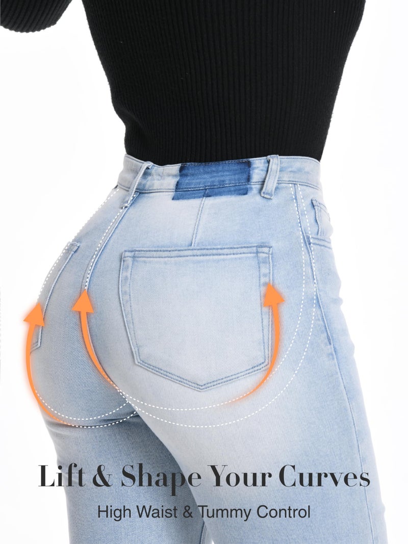 ONESO Women's High Waisted Wide Leg Jeans Stretchy Flare Jeans for Women Baggy Mom Denim Pants Casual Raw Hem - Image 5