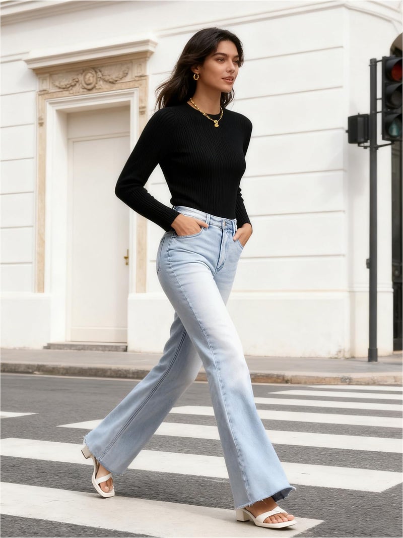ONESO Women's High Waisted Wide Leg Jeans Stretchy Flare Jeans for Women Baggy Mom Denim Pants Casual Raw Hem - Image 3