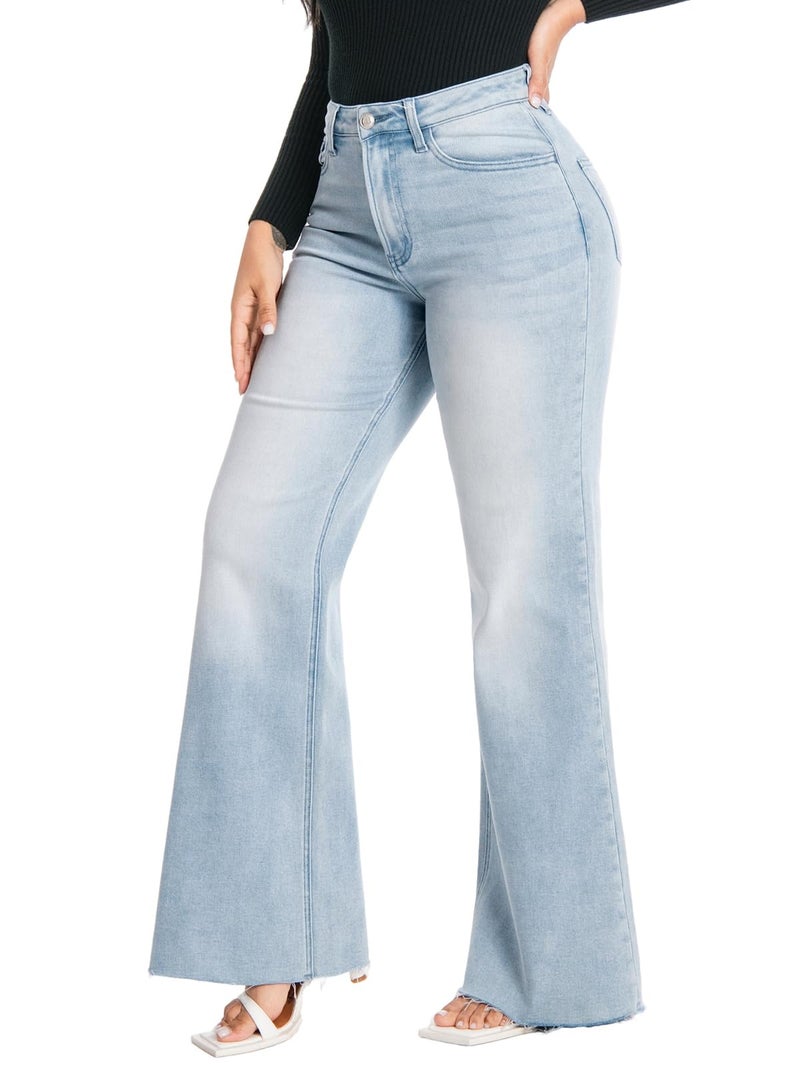 ONESO Women's High Waisted Wide Leg Jeans Stretchy Flare Jeans for Women Baggy Mom Denim Pants Casual Raw Hem - Image 2