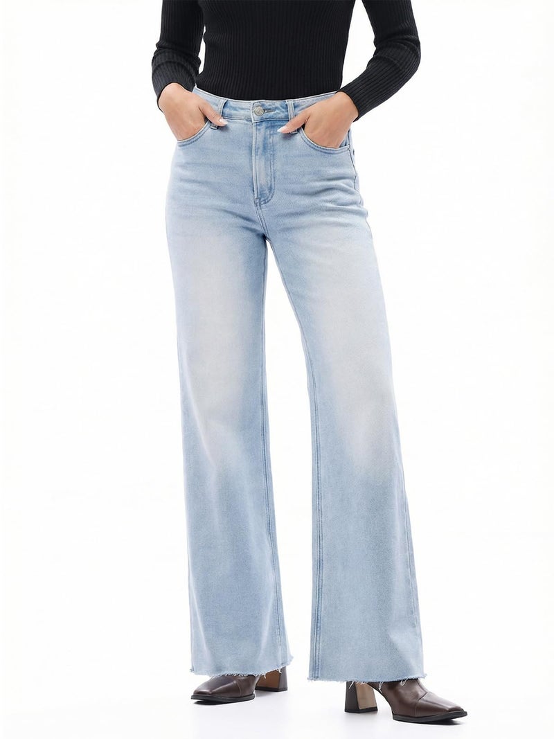 ONESO Women's High Waisted Wide Leg Jeans Stretchy Flare Jeans for Women Baggy Mom Denim Pants Casual Raw Hem - Image 1