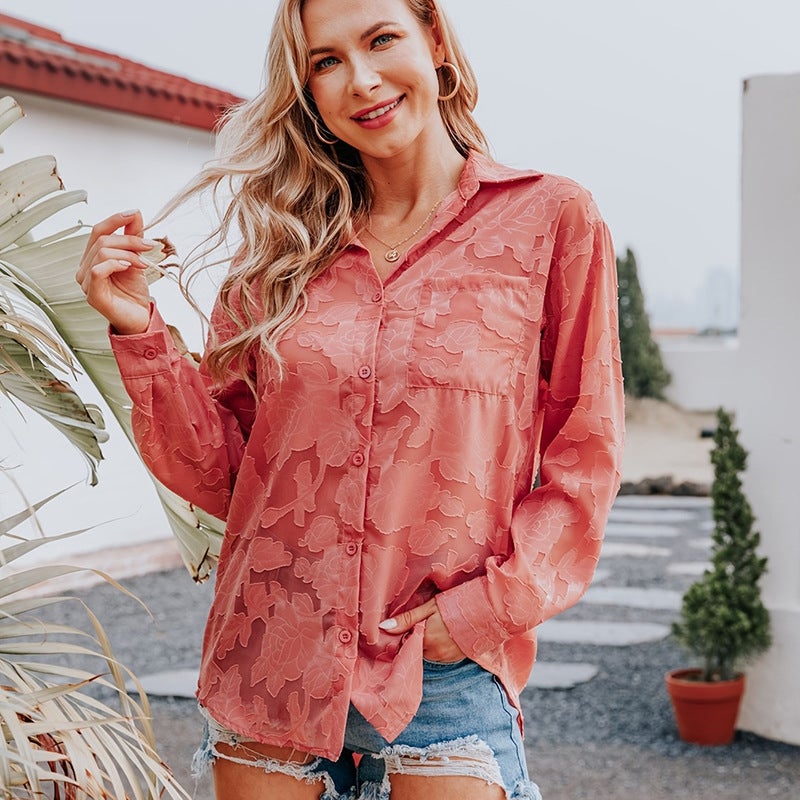 Niche Spring New Lace Fashion Long Sleeve Shirt Womens European and American Loose Casual Single Row Multi-button Chiffon Shirt Women Red - Image 2