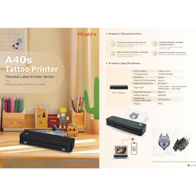 A40S Wireless Inkless Tattoo Stencil Thermal Printer Bluetooth USB-C Connectivity Compatible with iOS Android Windows macOS Supports Continuous Folded Tattoo Paper and Labels 203 DPI Black - Image 5