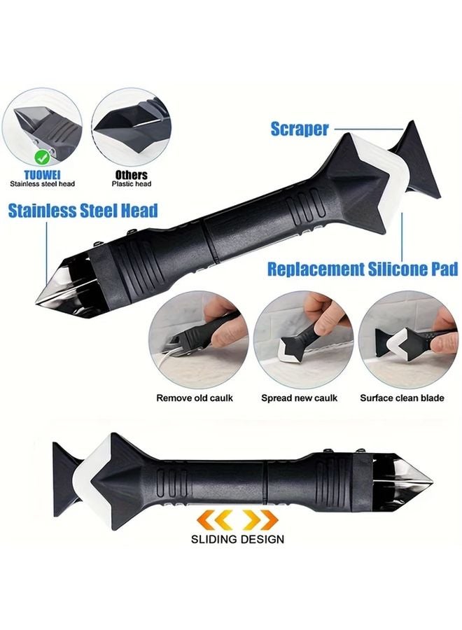 Black 3 in 1 Silicone Caulking Tool with Stainless Steel Head for Sealing Cleaning Scraping Glue - Image 5