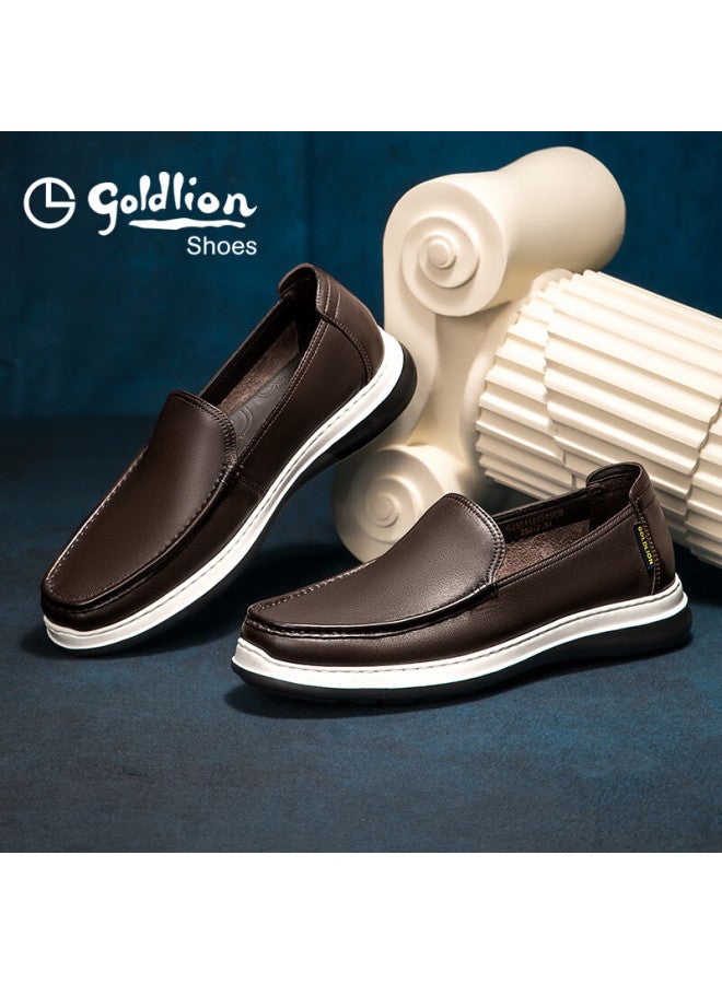 Goldlion Men's Shoes, Same Style As In Shopping Malls, Lightweight Shock-absorbing Breathable Slip-on Business Casual Leather Shoes G255410134scb Dark Brown Size 38 - Image 1