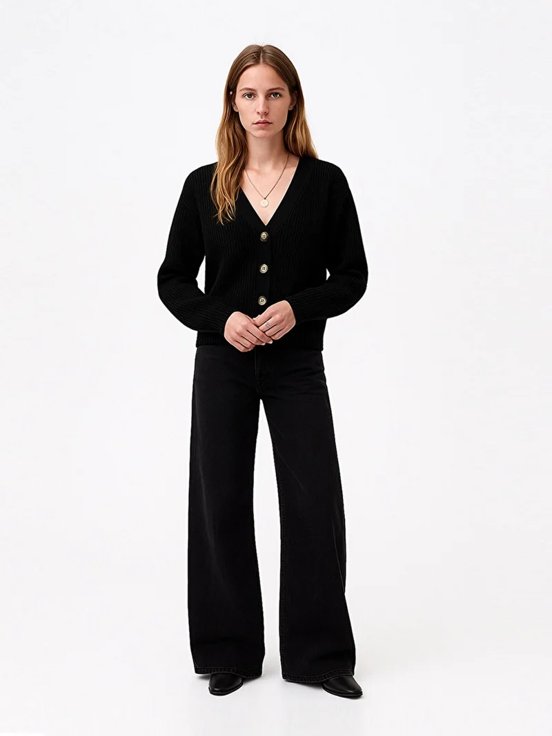 Long Sleeve Buttoned Front Basic Knitwear Black Cardigan