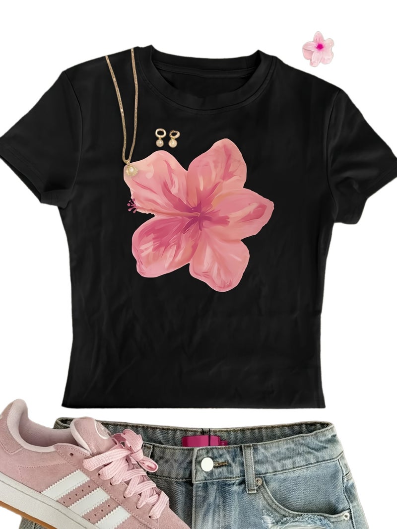 00008 - Women'S Tight Top Hibiscus Floral Print Pure Desire Korean Y2K Summer Round Neck Short Sleeve T - Shirt, Women'S Clothing QHH1315 - Black / XS - Image 1