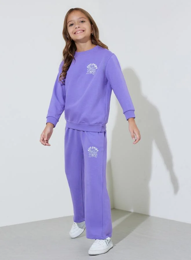 ستايلي Girls Purple Graphic Print Sweatshirt And Wide Leg Pants Set