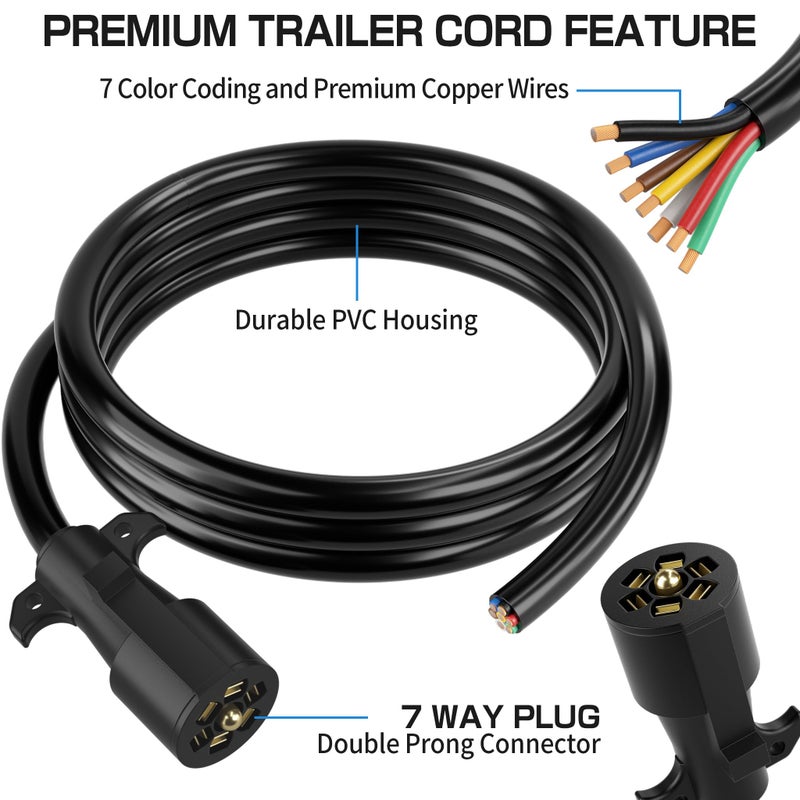 Deluwire 4 FT 7 Pin Trailer Plug, Heavy Duty Trailer Wiring Harness, 7 Way Trailer Cord with Double Prongs Connector for Trailers, RVs, Campers - Image 2