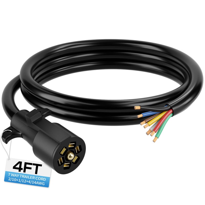 Deluwire 4 FT 7 Pin Trailer Plug, Heavy Duty Trailer Wiring Harness, 7 Way Trailer Cord with Double Prongs Connector for Trailers, RVs, Campers - Image 1